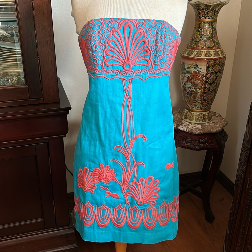 Lilly Pulitzer strapless blue dress orange embroidery sz 4